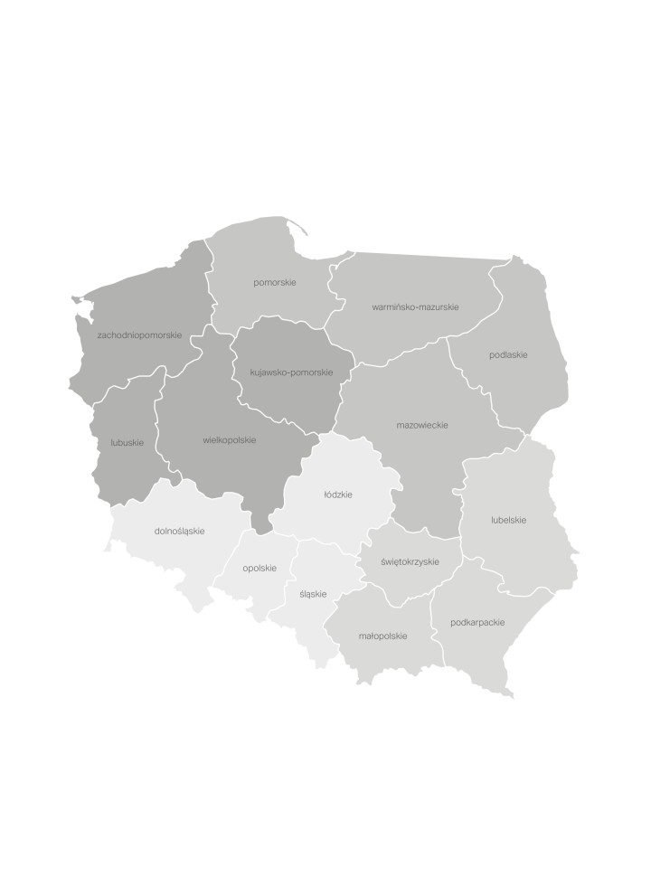 Mapa z podizałem regionów